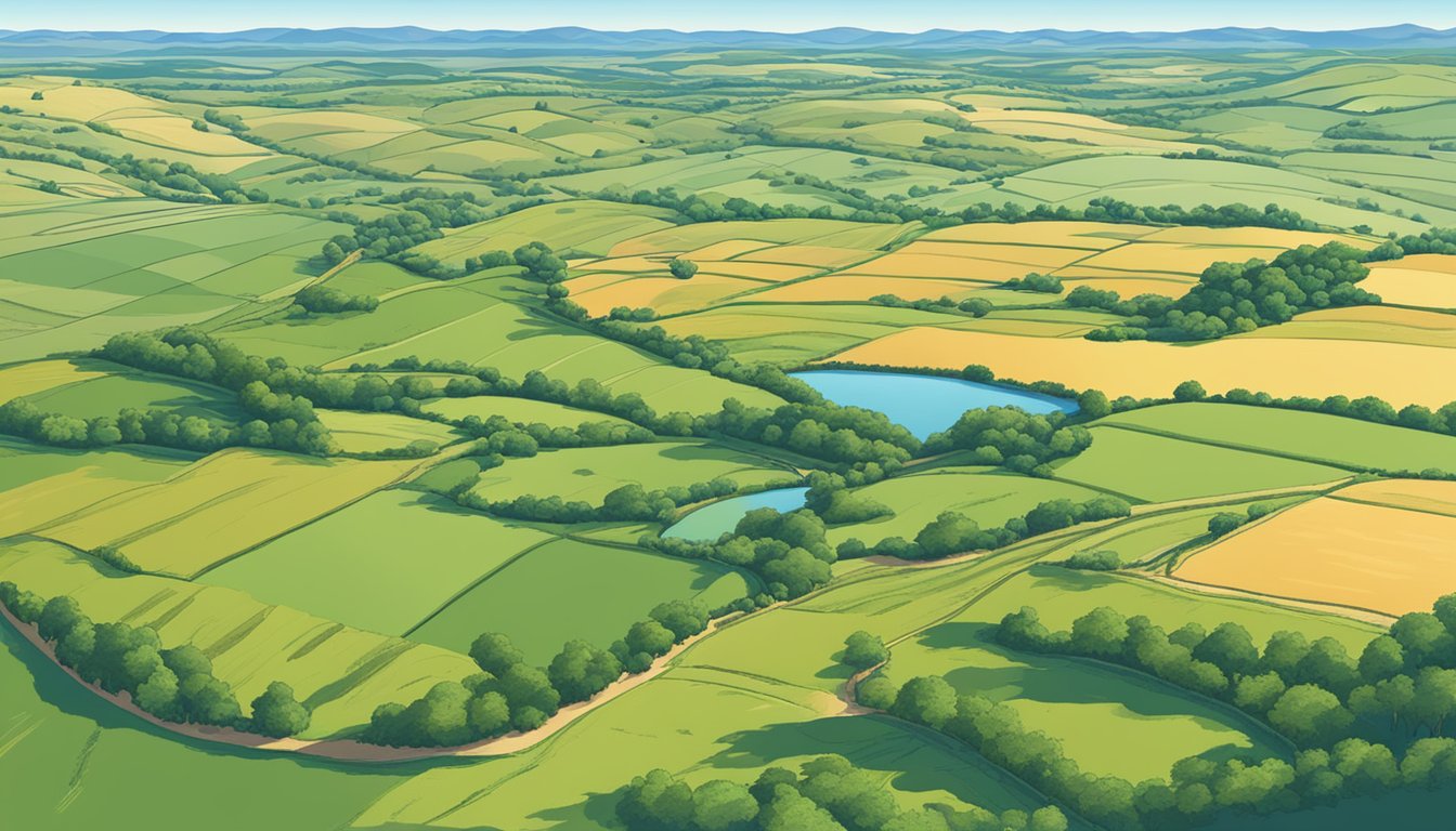 A sprawling agricultural landscape in Brazos County, Texas, with fields of crops and grazing livestock, surrounded by rolling hills and a clear blue sky