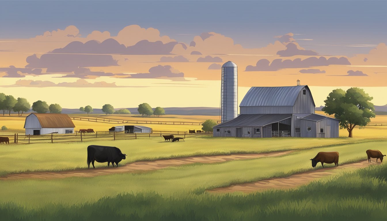 A rural landscape in Briscoe County, Texas, with rolling fields, grazing livestock, and a farmhouse with a barn, representing agricultural exemptions