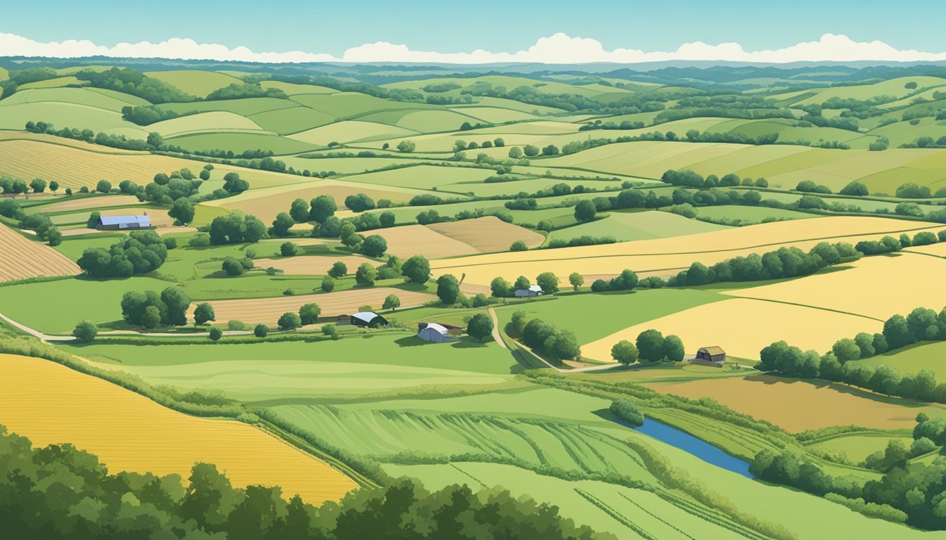 A sprawling farm in Cass County, Texas, with rows of crops and grazing livestock, surrounded by rolling hills and a clear blue sky