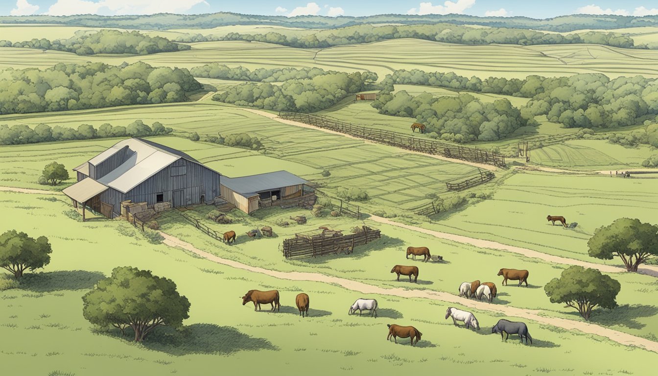 The scene depicts a sprawling ranch in Brazos County, Texas, with open fields and grazing livestock. A wildlife management program is in place, with native flora and fauna thriving alongside agricultural activities