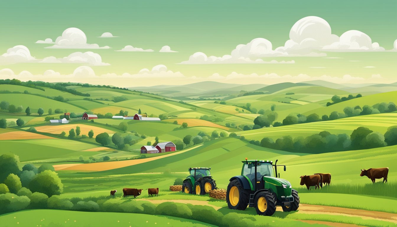 Rolling hills of green pastures dotted with cattle, surrounded by fields of crops and orchards. Tractors and farm equipment scattered throughout the landscape