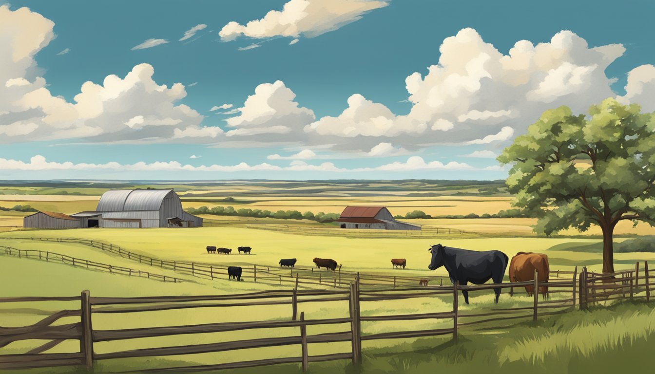 A rural landscape with a farm and livestock, surrounded by fields and open skies in Briscoe County, Texas