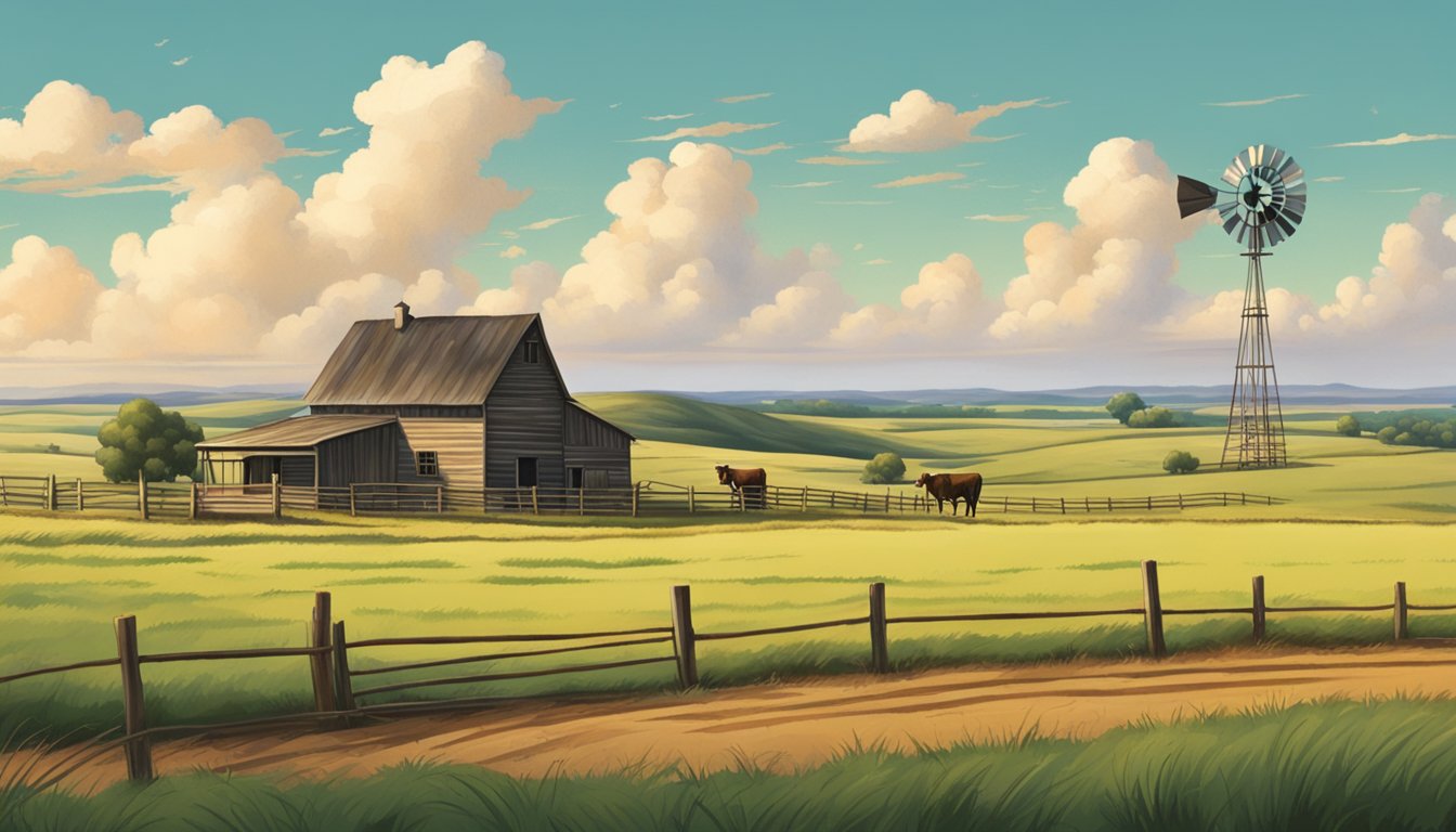 Rolling plains with grazing cattle, a lone farmhouse, and a windmill under a big Texas sky