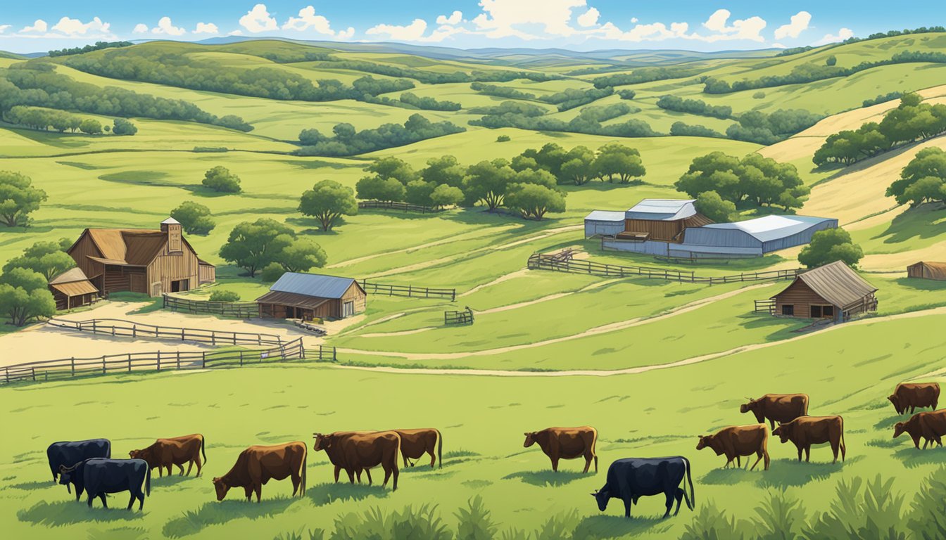 A sprawling Texas ranch with cattle grazing in the fields, surrounded by rolling hills and a clear blue sky