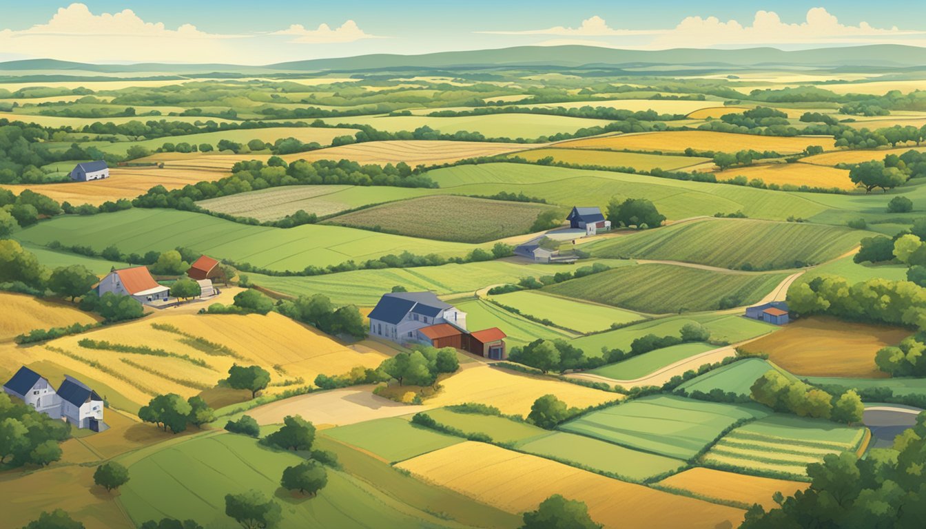 A sprawling rural landscape in Bosque County, Texas, featuring farmland, crops, and livestock, with a prominent agricultural exemption sign displayed