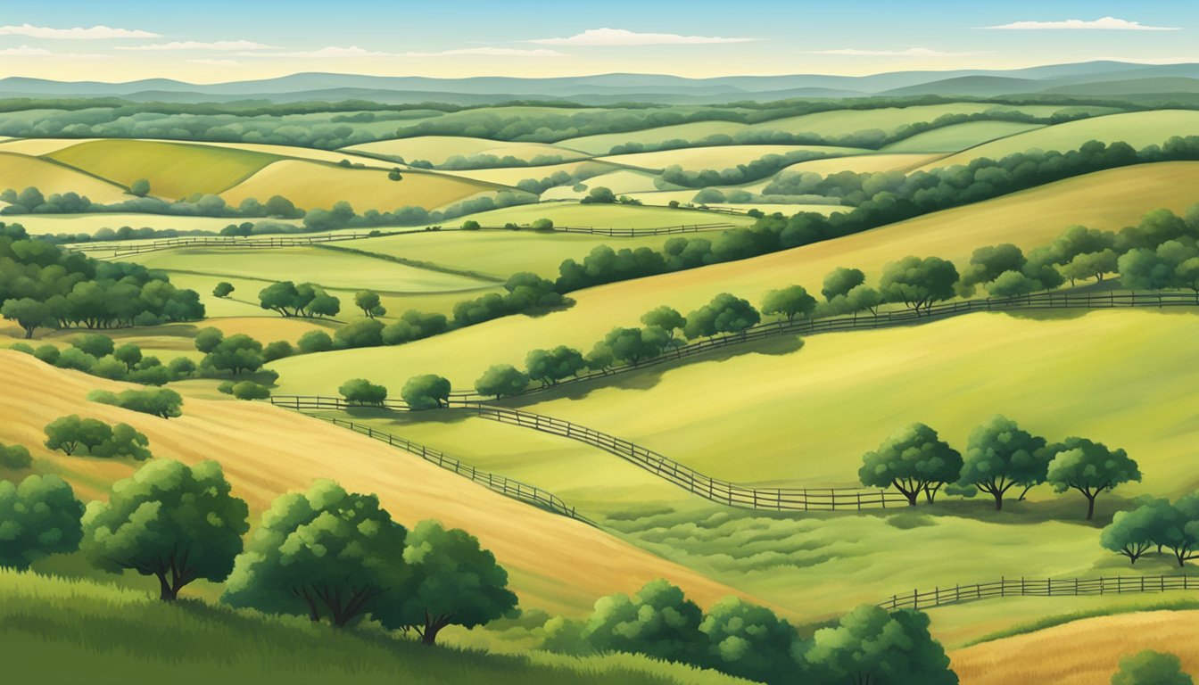 A rural landscape with rolling hills, farmland, and livestock grazing in Bosque County, Texas