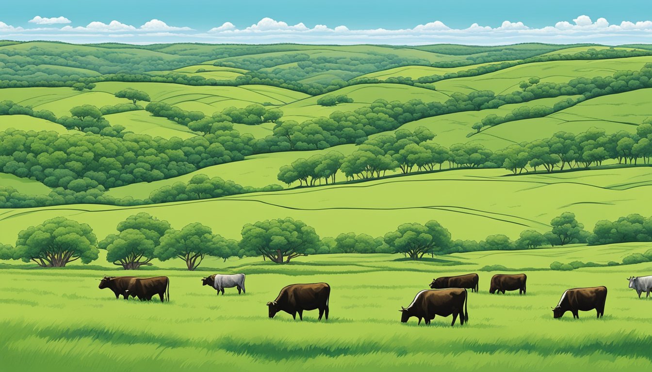 Rolling hills of green pastures dotted with grazing cattle, framed by a clear blue sky and the distant outline of the Bosque County, Texas landscape