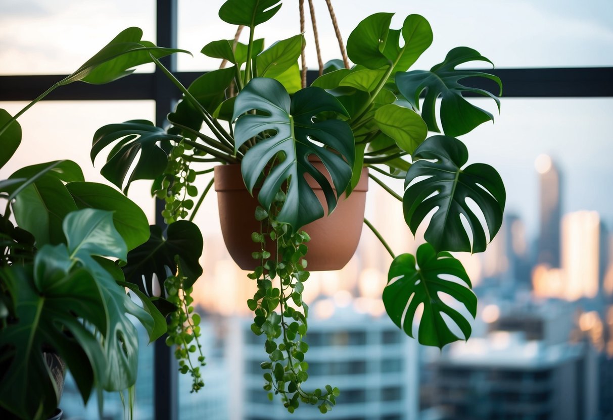 A monstera plant with large, glossy leaves cascades from a hanging pot, creating a lush and tropical atmosphere