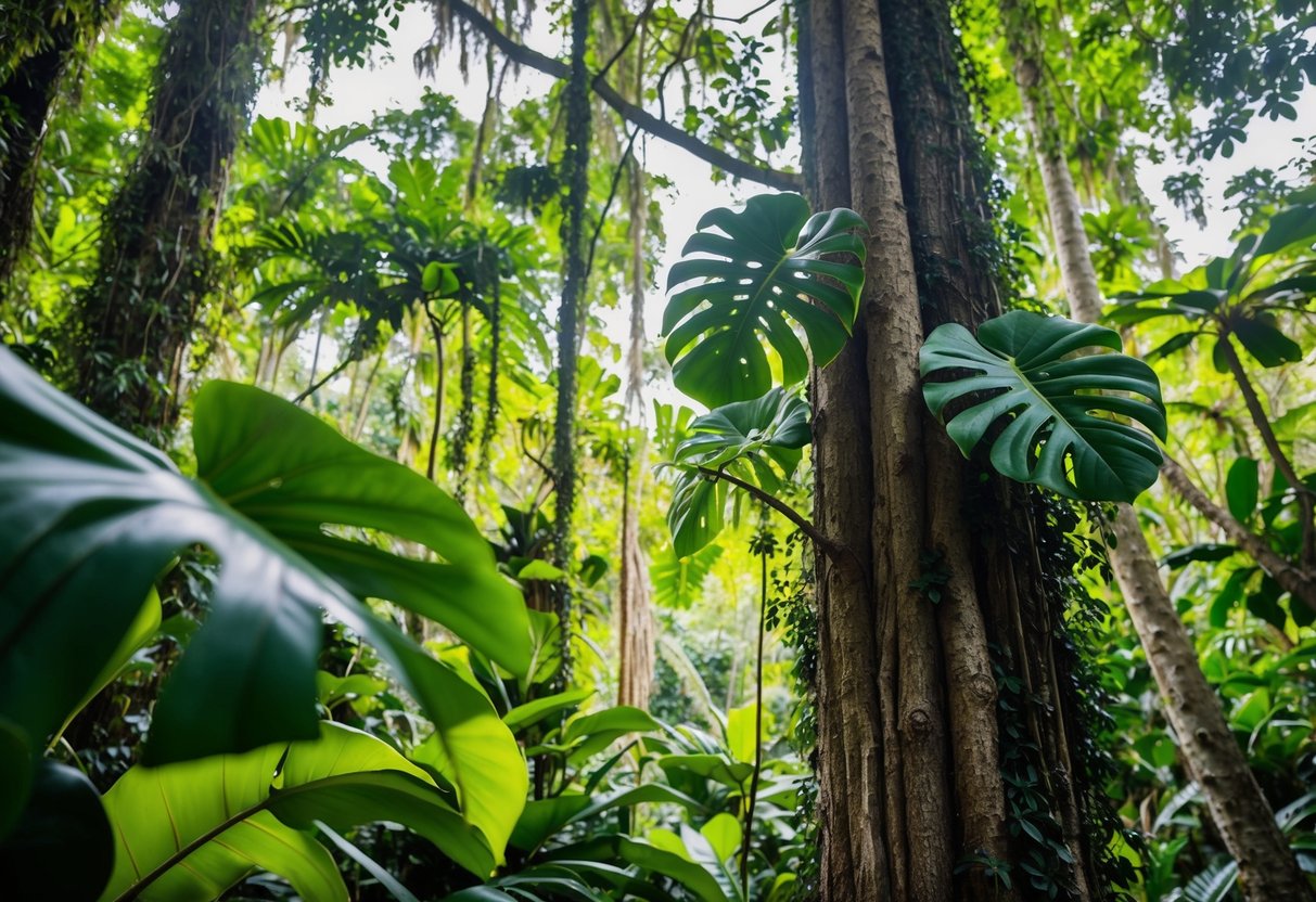 A lush tropical rainforest with dappled sunlight filtering through the canopy, showcasing the Monstera plant climbing up the trunk of a tall tree