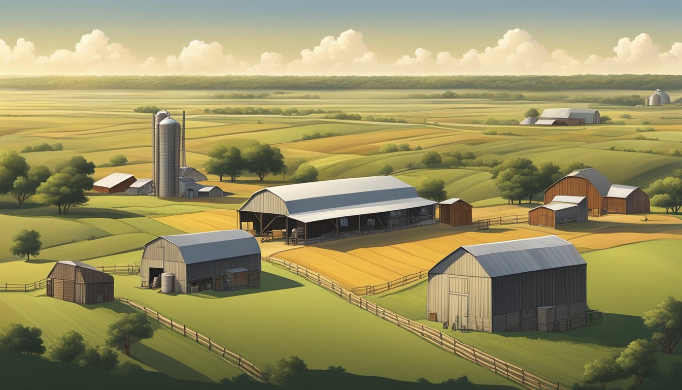 A sprawling rural landscape in Brazoria County, Texas, featuring vast agricultural fields, livestock grazing, and a rustic farmstead with barns and silos