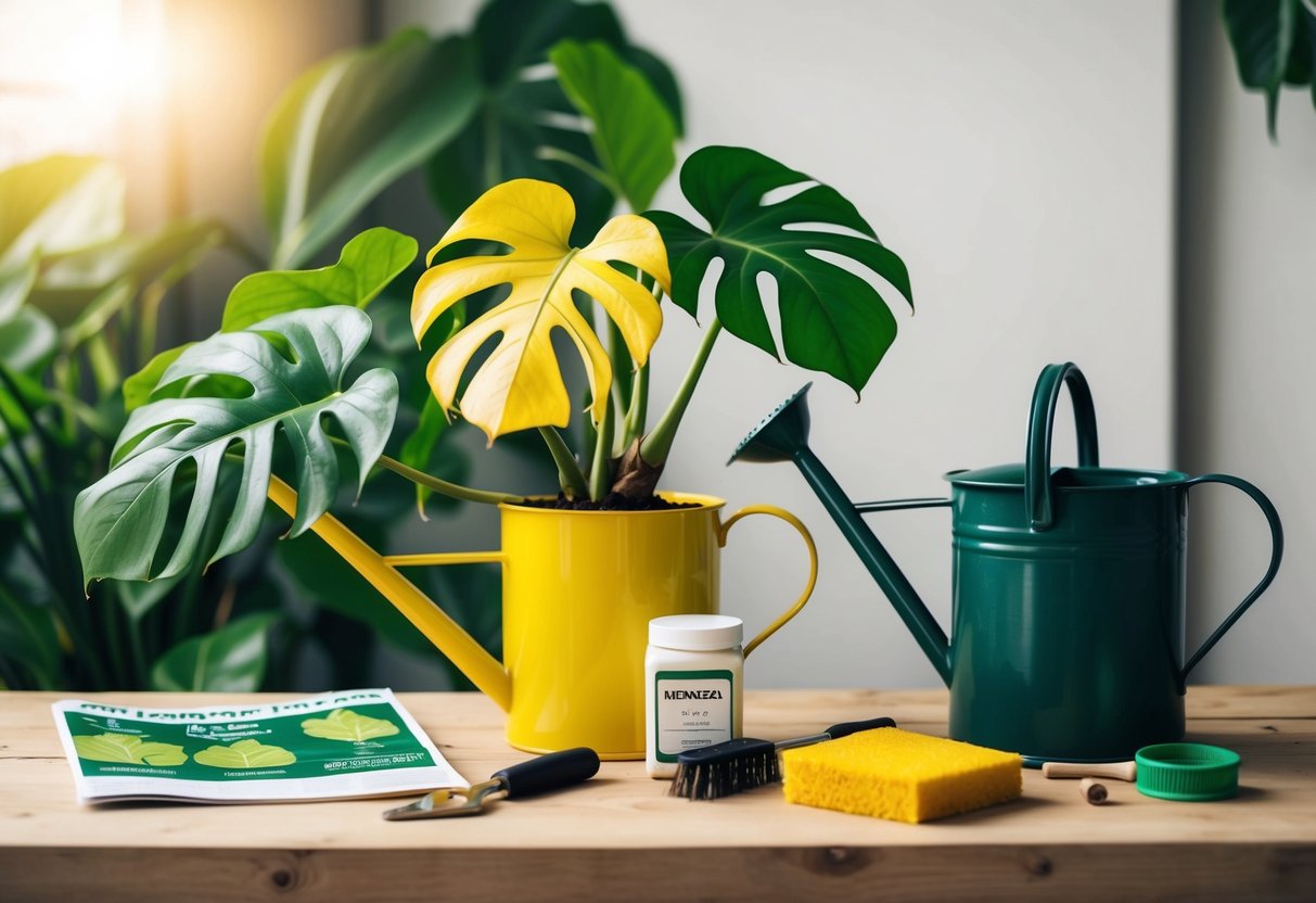 A monstera plant with yellowing leaves next to a watering can and fertilizer, surrounded by gardening tools and a care guide