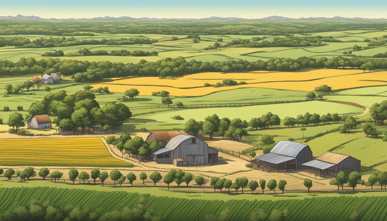 A sprawling farm in Bexar County, Texas, with rows of crops, grazing livestock, and a rustic farmhouse, all under the bright Texas sun