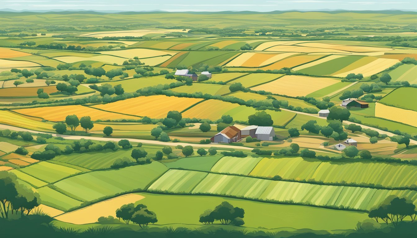 A sprawling landscape of farmland and ranches in Bexar County, Texas, with fields of crops and grazing livestock, all eligible for agricultural tax exemption