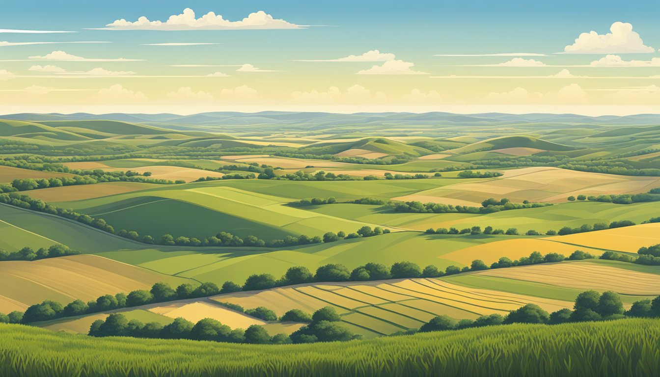 A vast expanse of farmland in Caldwell County, Texas, with rolling hills, fields of crops, and grazing livestock under a clear blue sky