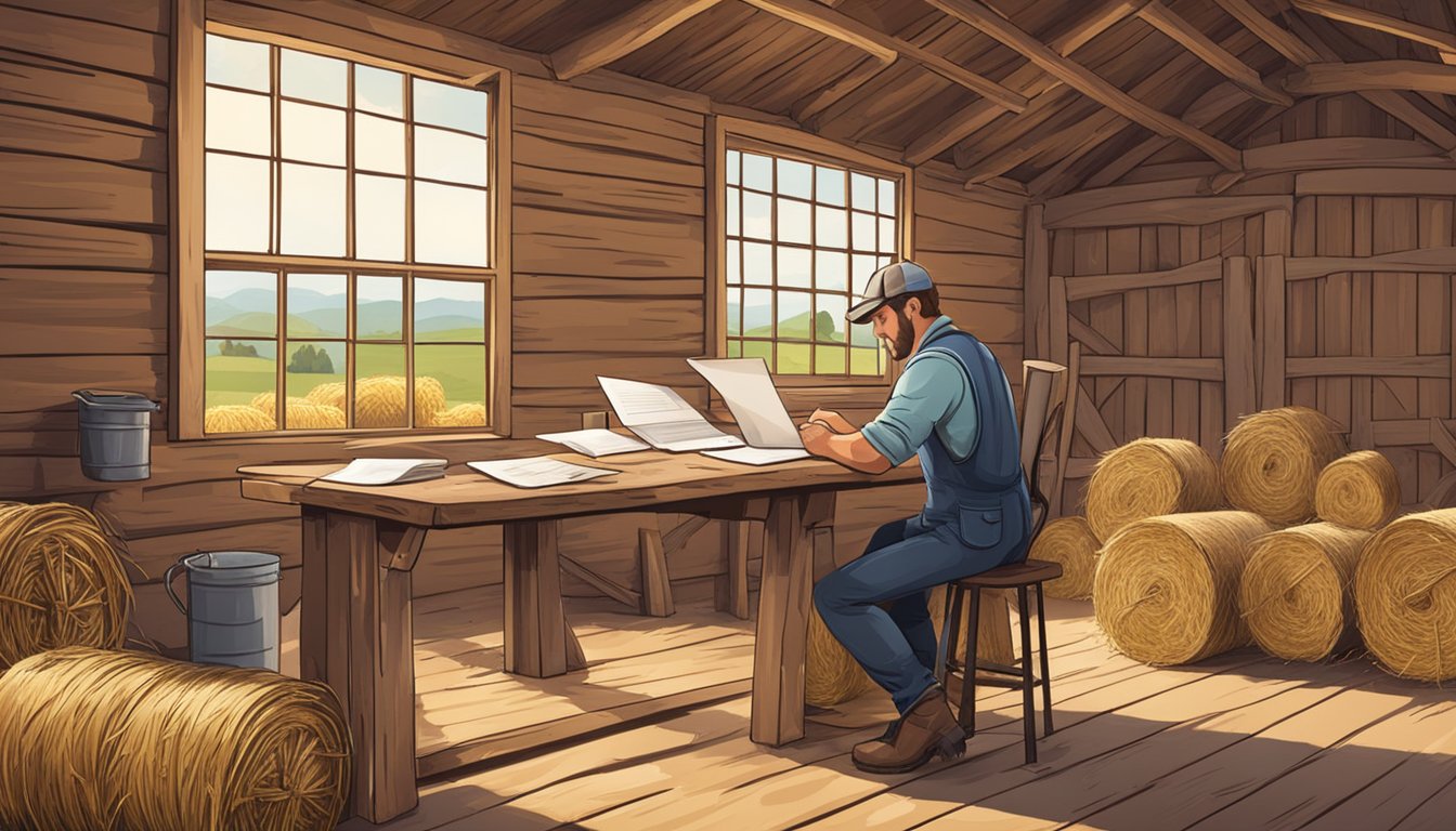 A farmer filling out paperwork at a rustic desk in a barn, surrounded by agricultural equipment and bales of hay