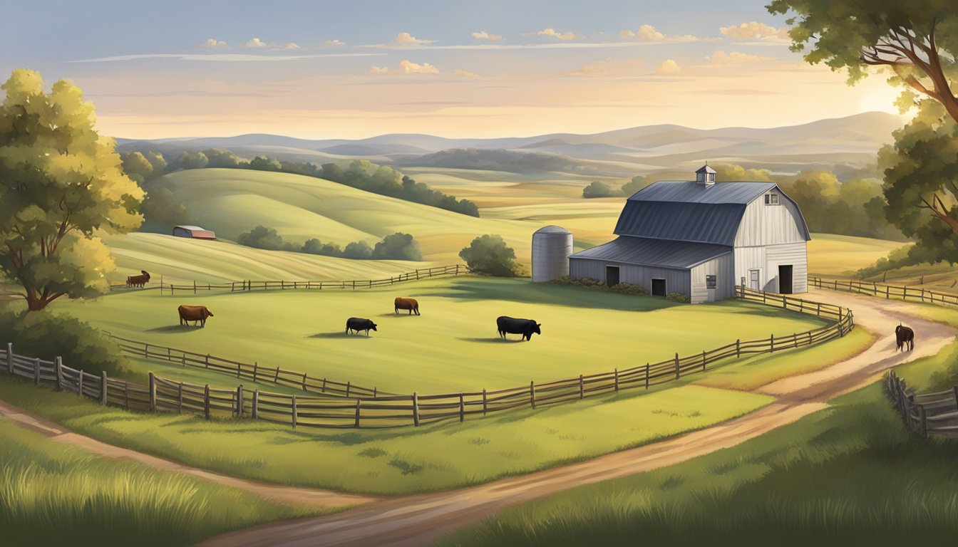 A rural landscape in Bexar County, Texas with a farmhouse, barn, and fields, surrounded by rolling hills and grazing livestock