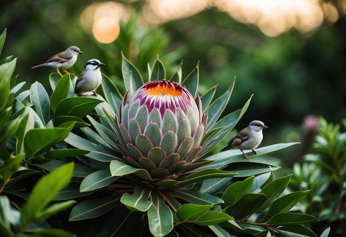 A protea flower surrounded by lush green foliage and small birds perched nearby