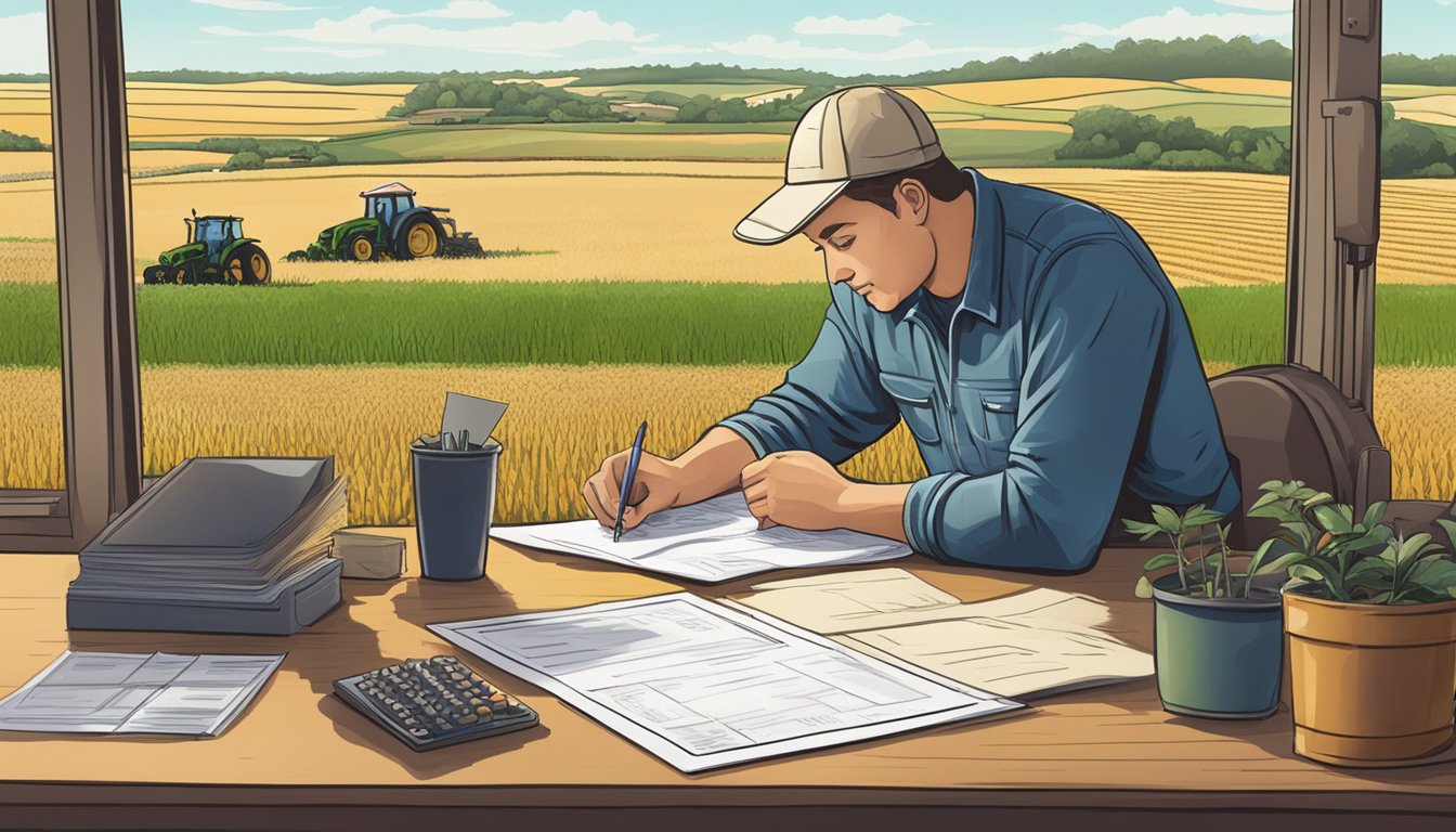 A farmer filling out paperwork at a desk, surrounded by agricultural equipment and fields in Caldwell County, Texas