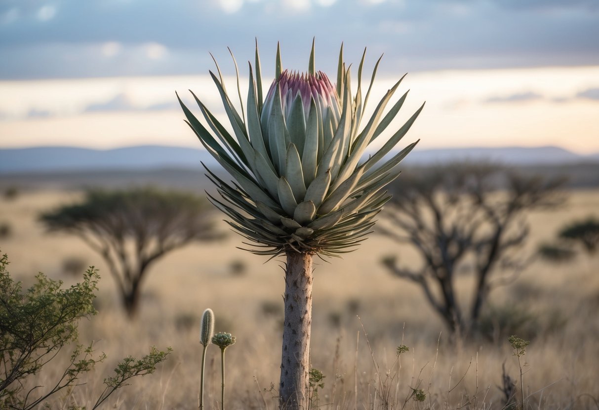 A protea bush stands tall in a South African savanna, surrounded by other native flora and small wildlife