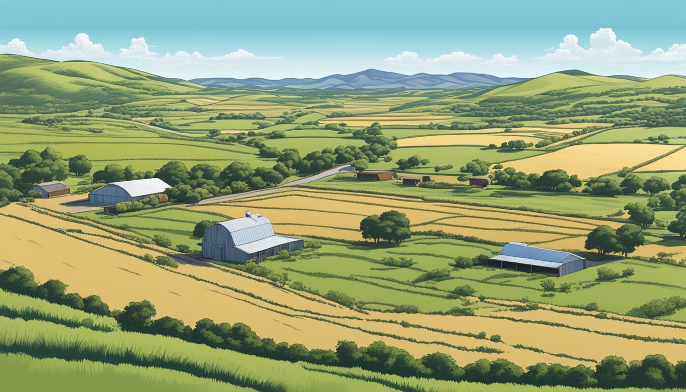 A sprawling ranch in Caldwell County, Texas, with rows of crops and grazing livestock, surrounded by rolling hills and a clear blue sky