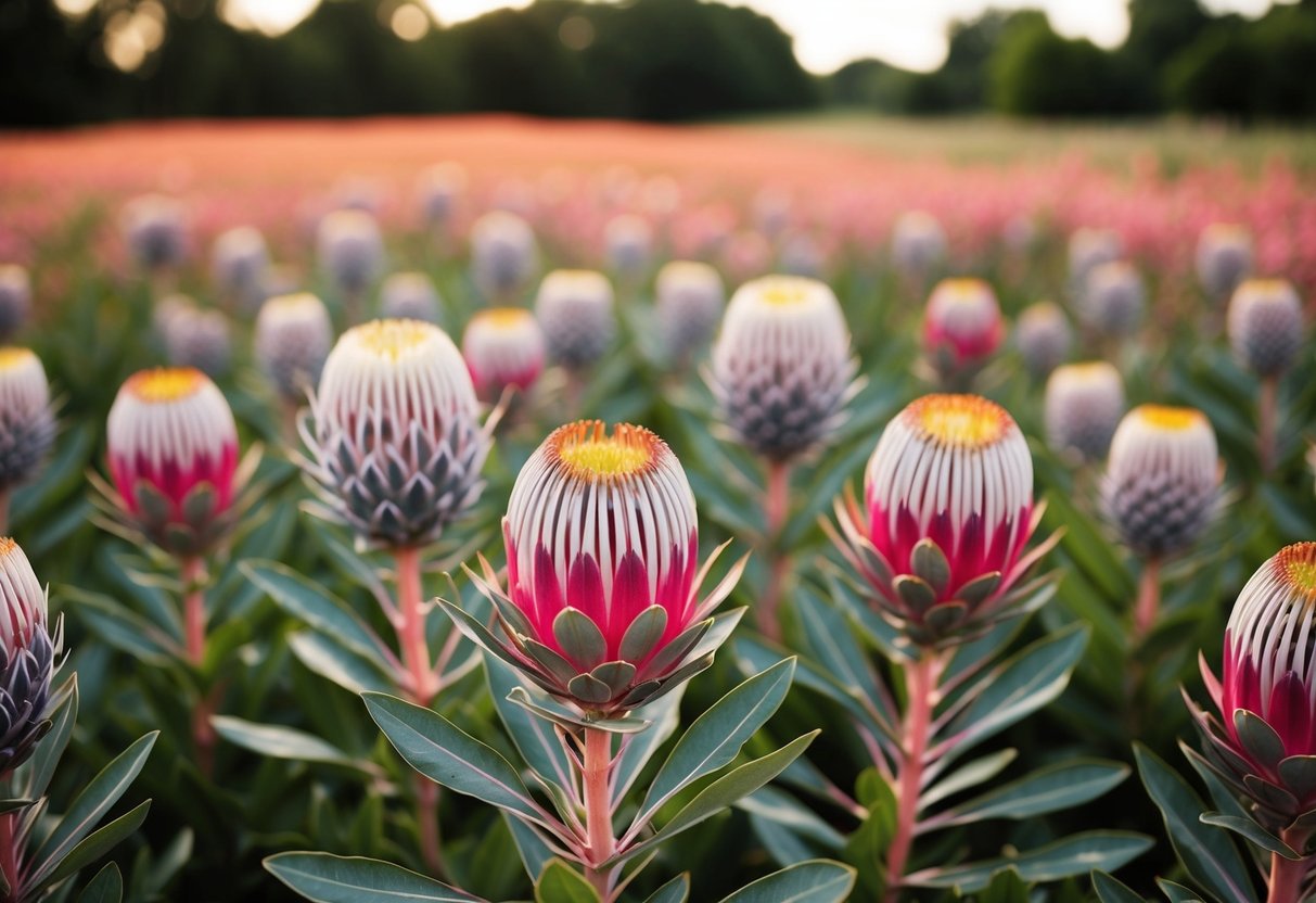 A field of vibrant protea flowers in various stages of cultivation