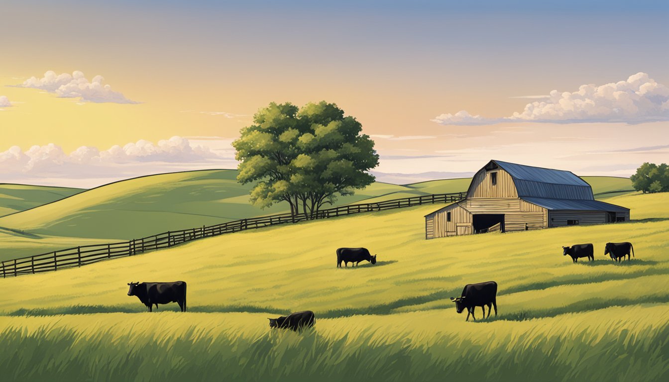 Rolling hills, a barn, and grazing cattle under a clear sky in Caldwell County, Texas