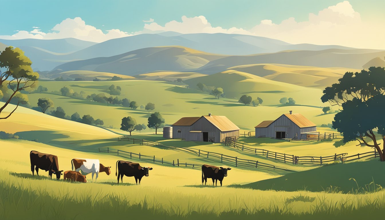 A ranch with cattle grazing in open fields under a clear blue sky, surrounded by rolling hills and a few scattered trees