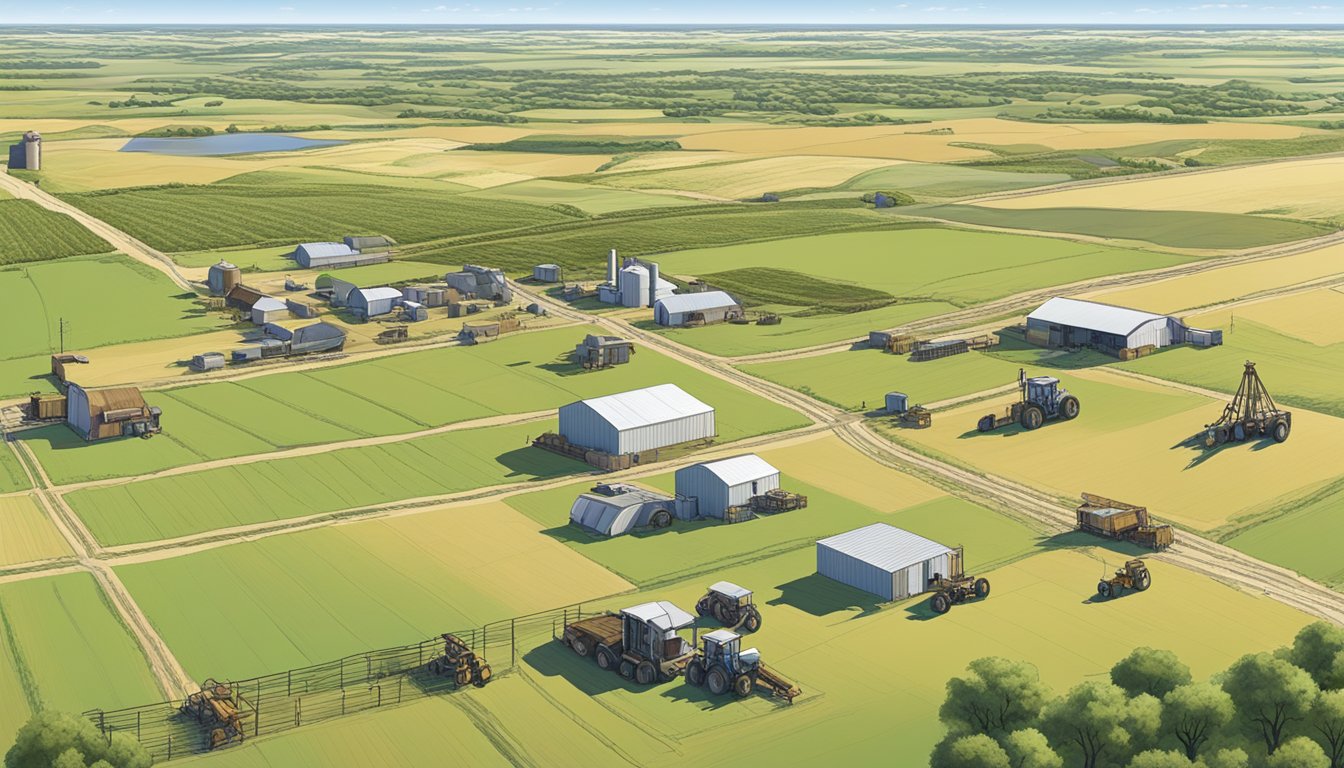 A sprawling landscape in Borden County, Texas, featuring vast agricultural fields with grazing livestock and farm equipment, under a clear blue sky