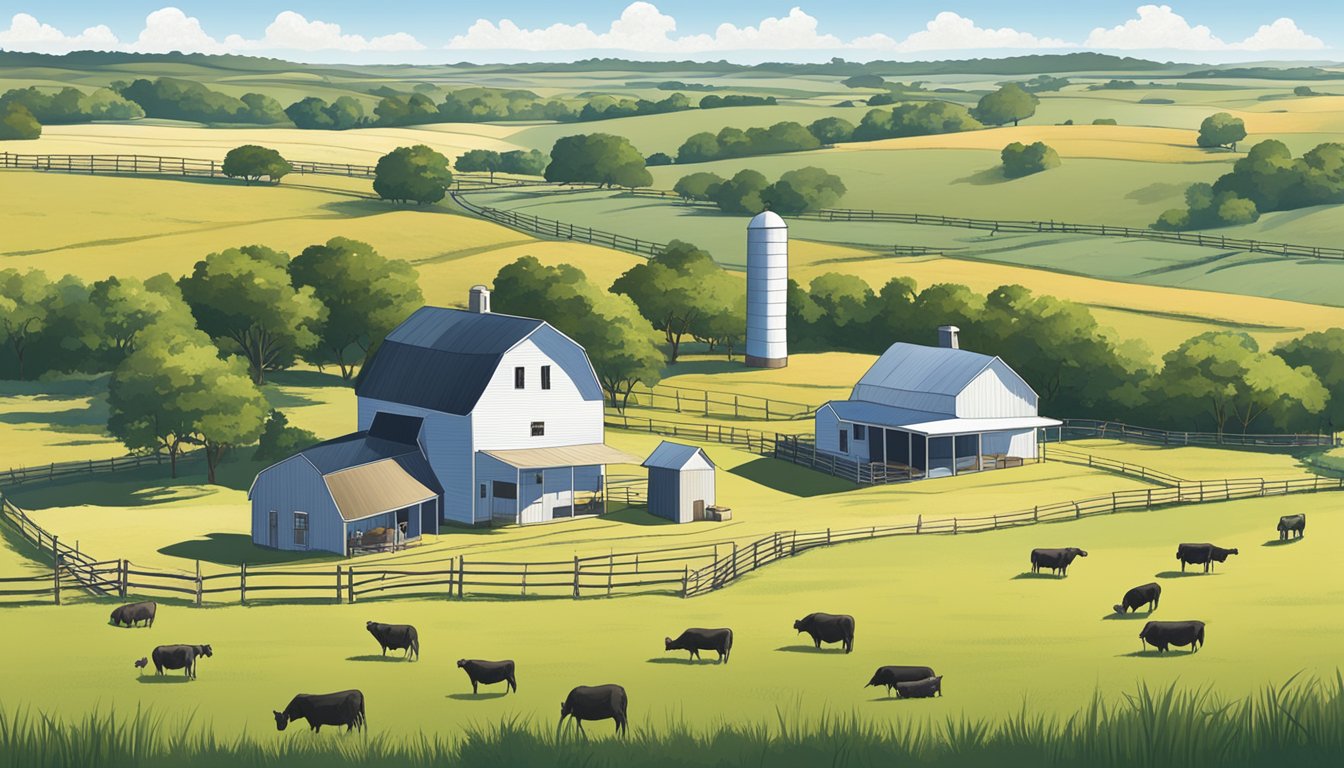 A rural landscape with a farmhouse, barn, and grazing livestock under a clear sky in Baylor County, Texas