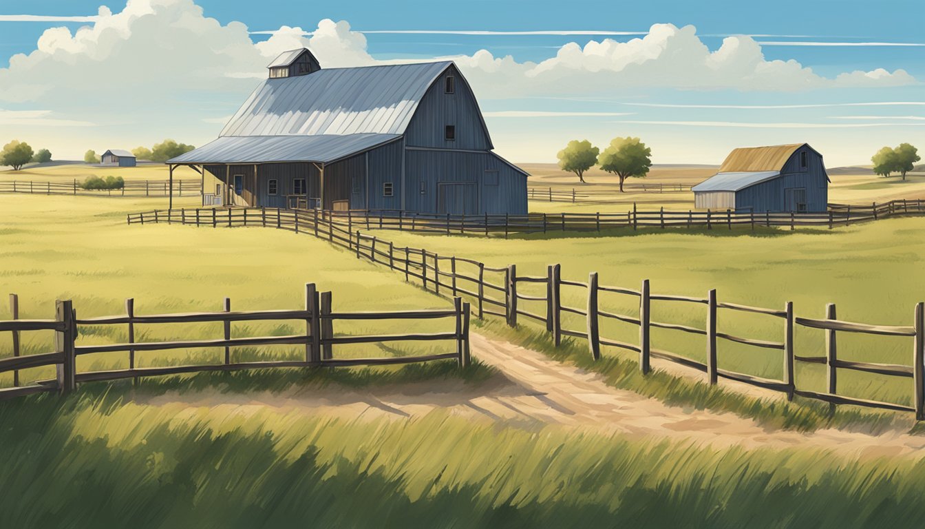 A rural landscape in Borden County, Texas with a farmhouse, barn, and open fields surrounded by fences and a clear blue sky