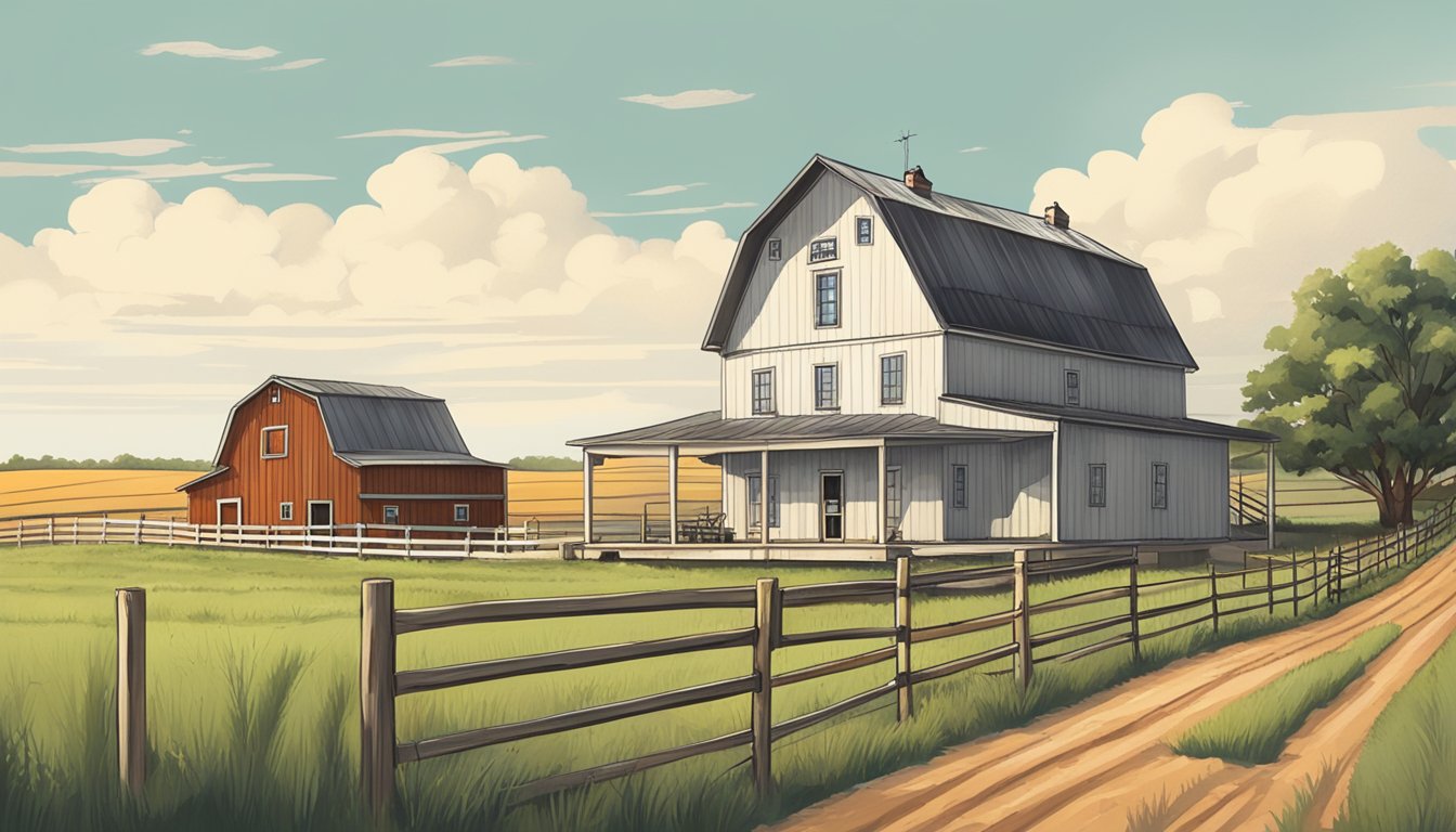 A rural landscape in Baylor County, Texas, with a farmhouse, barn, and open fields, surrounded by fences and marked with agricultural exemption signs