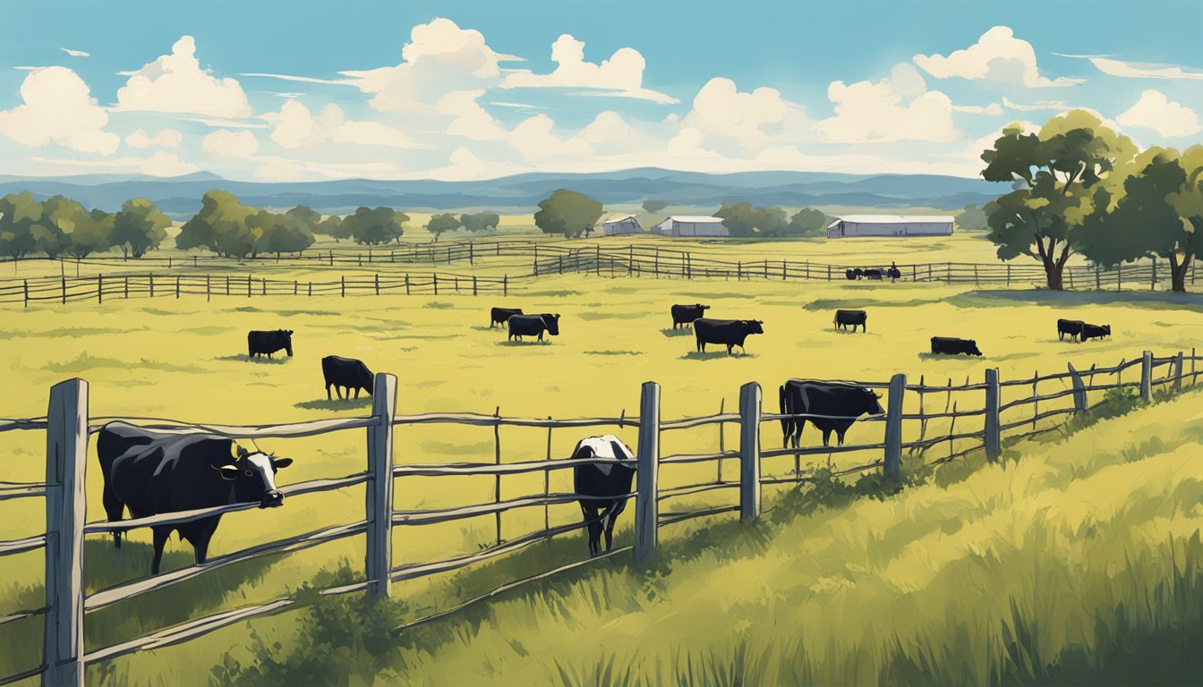 A sprawling Texas ranch with cattle grazing in the open fields, bordered by a barbed wire fence and a clear blue sky overhead