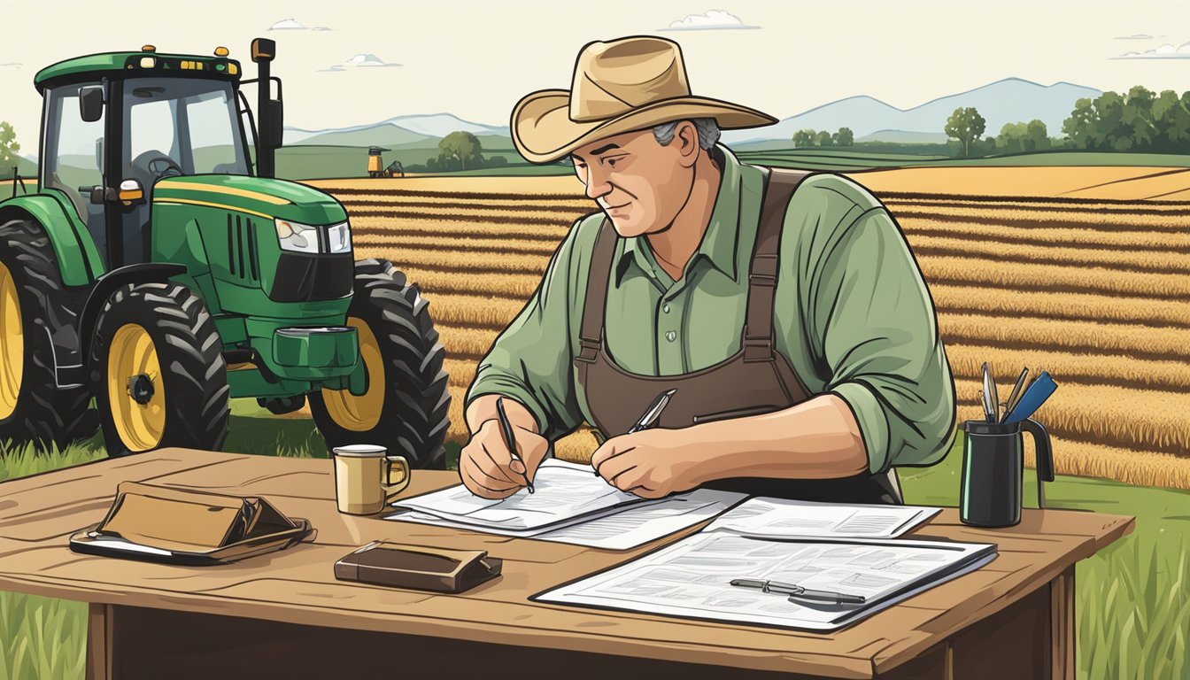 A farmer filling out paperwork at a desk, surrounded by agricultural equipment and livestock. A county official reviews the application