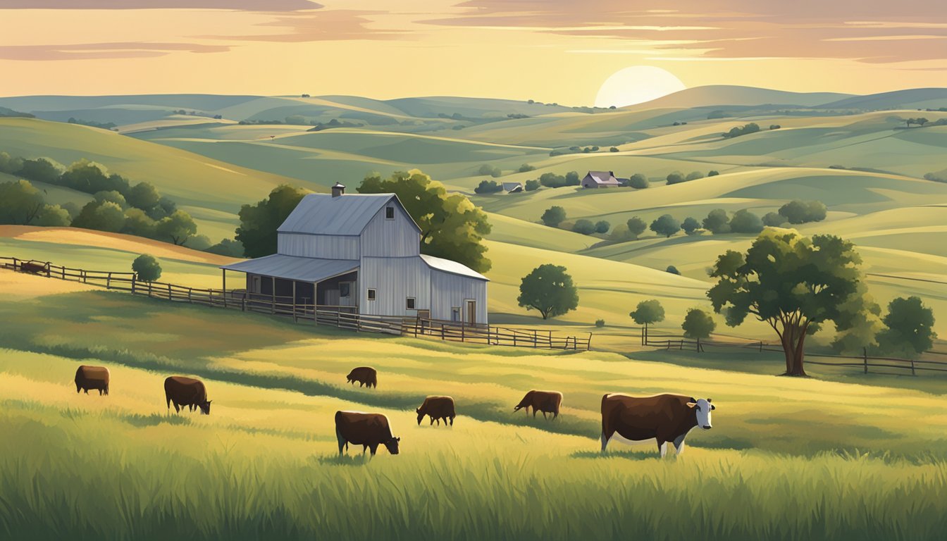 A rural landscape in Borden County, Texas, with rolling hills, grazing livestock, and a farmhouse with a barn