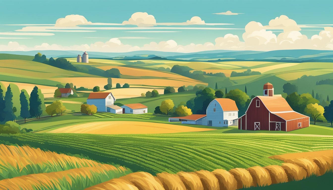 A rural landscape with a farmhouse, barn, and fields of crops under a blue sky