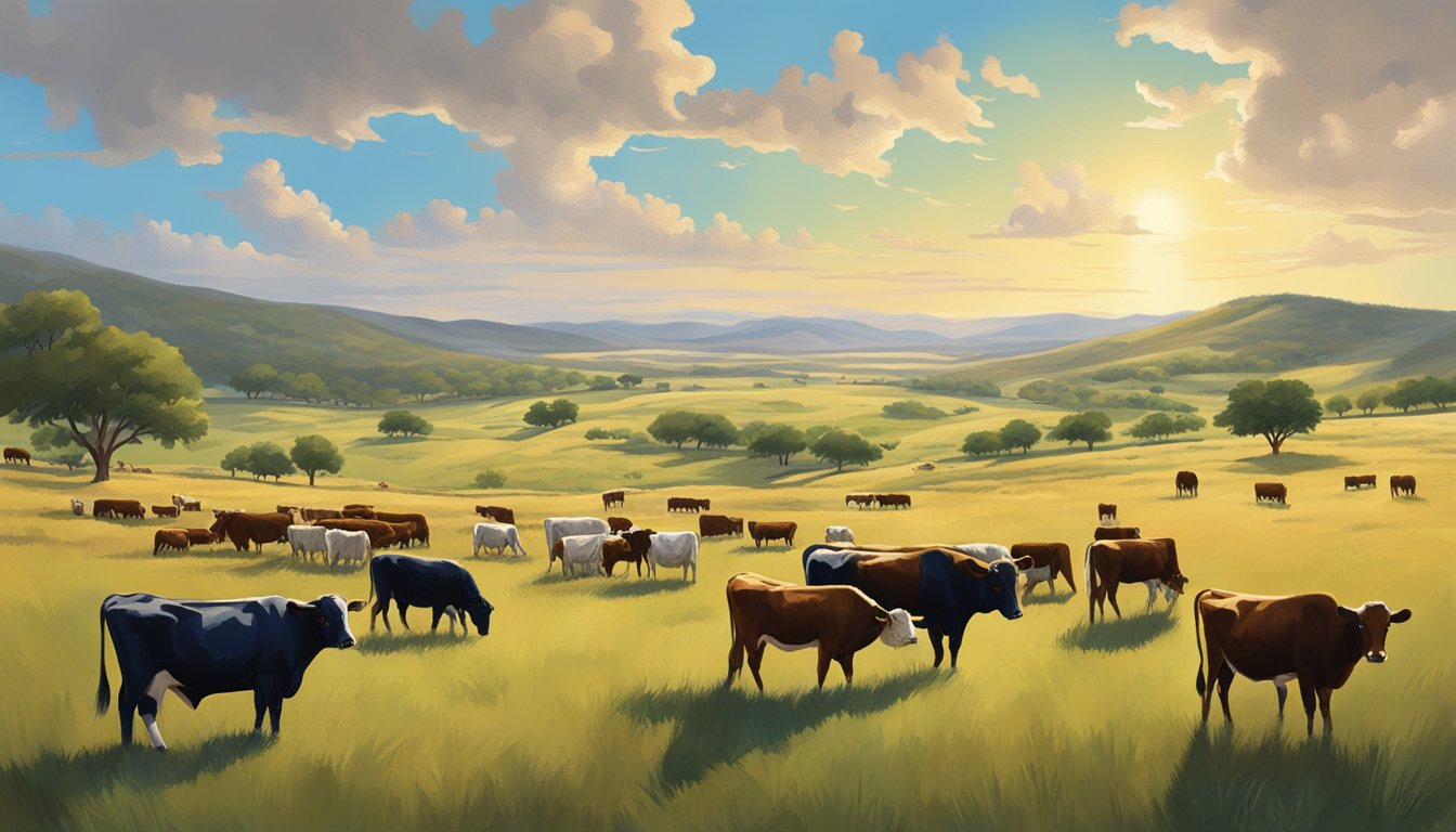 A sprawling Texas ranch with cattle grazing in open fields, surrounded by rolling hills and a big blue sky