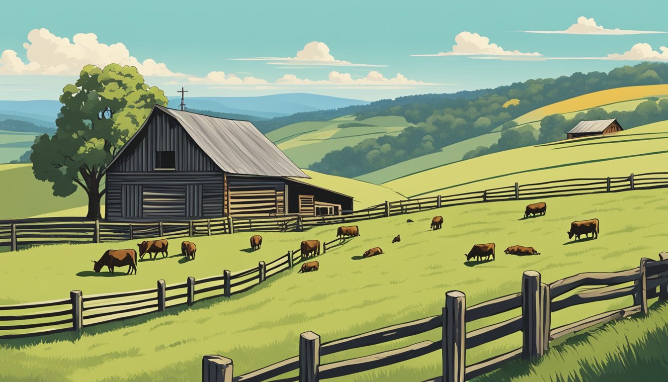 Rolling hills dotted with grazing cattle, fenced pastures, and a rustic barn under a clear blue sky