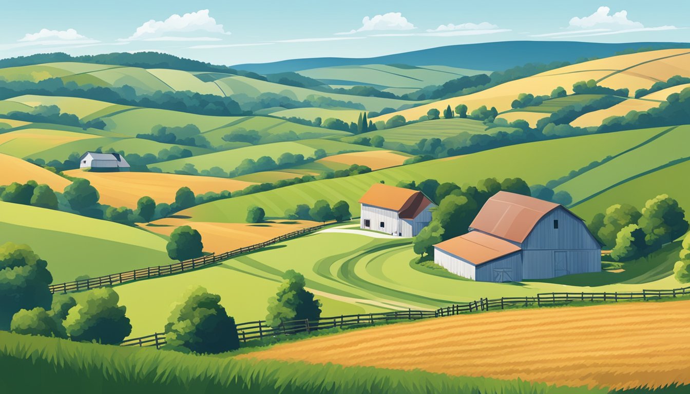 A rural landscape with a farmhouse, barn, and fields, surrounded by rolling hills and a clear blue sky