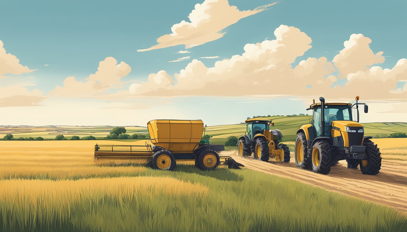 A rural landscape with farmland, livestock, and agricultural machinery under a clear sky in Bailey County, Texas