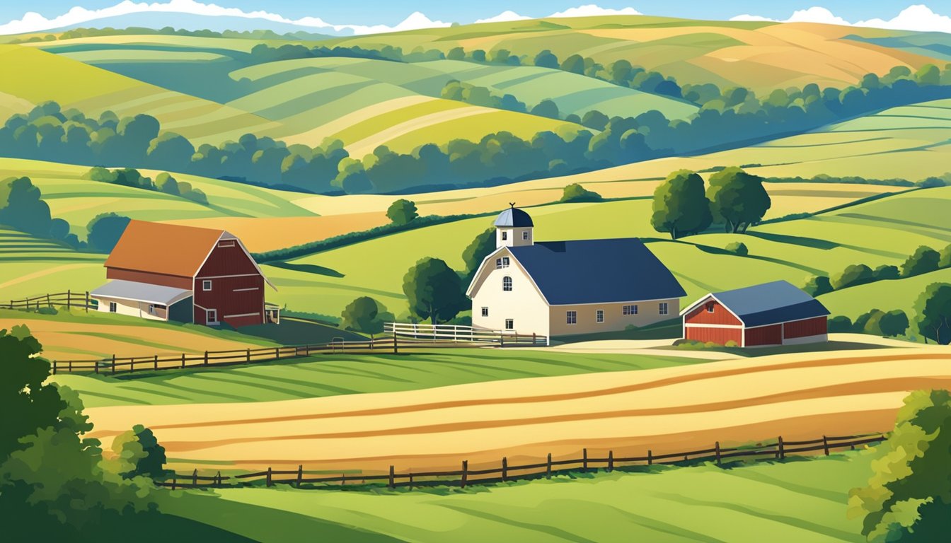 A rural landscape with a farmhouse, barn, and fields, surrounded by rolling hills and a clear blue sky