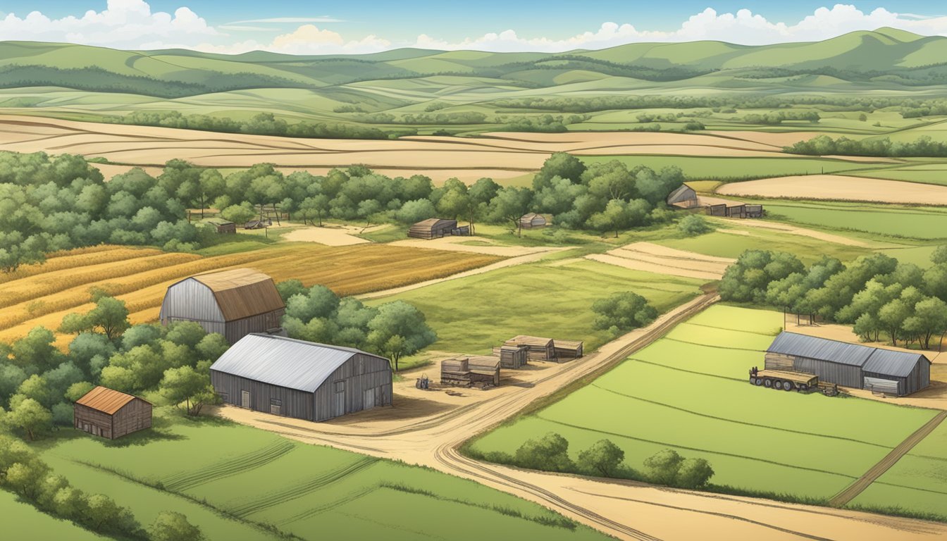 A rural landscape in Bailey County, Texas with fields of agriculture and timber, accompanied by numbers and exemption certificates