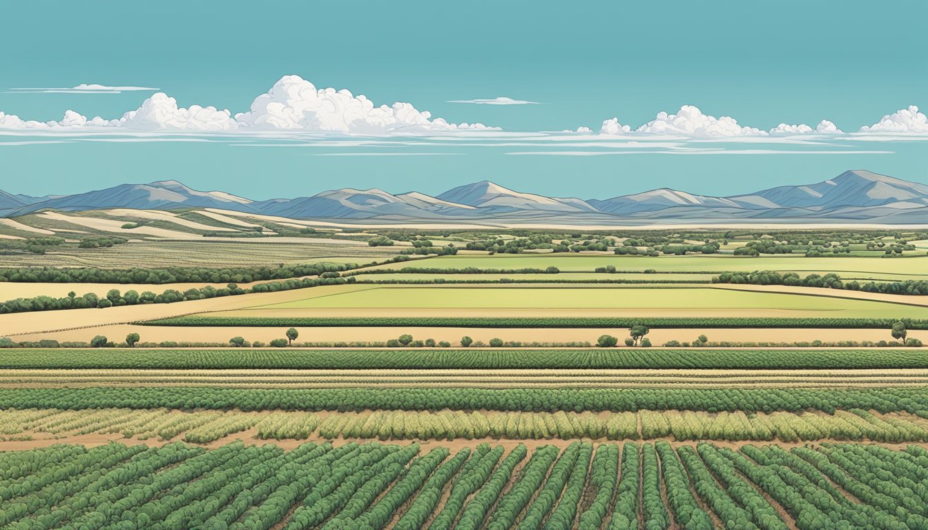 A vast expanse of farmland in Brewster County, Texas, with rows of crops and grazing livestock, under a clear blue sky