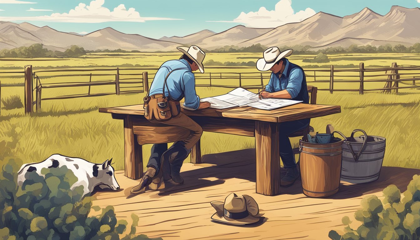 A rancher fills out paperwork at a rustic wooden desk, surrounded by fields and grazing livestock under the Texas sun