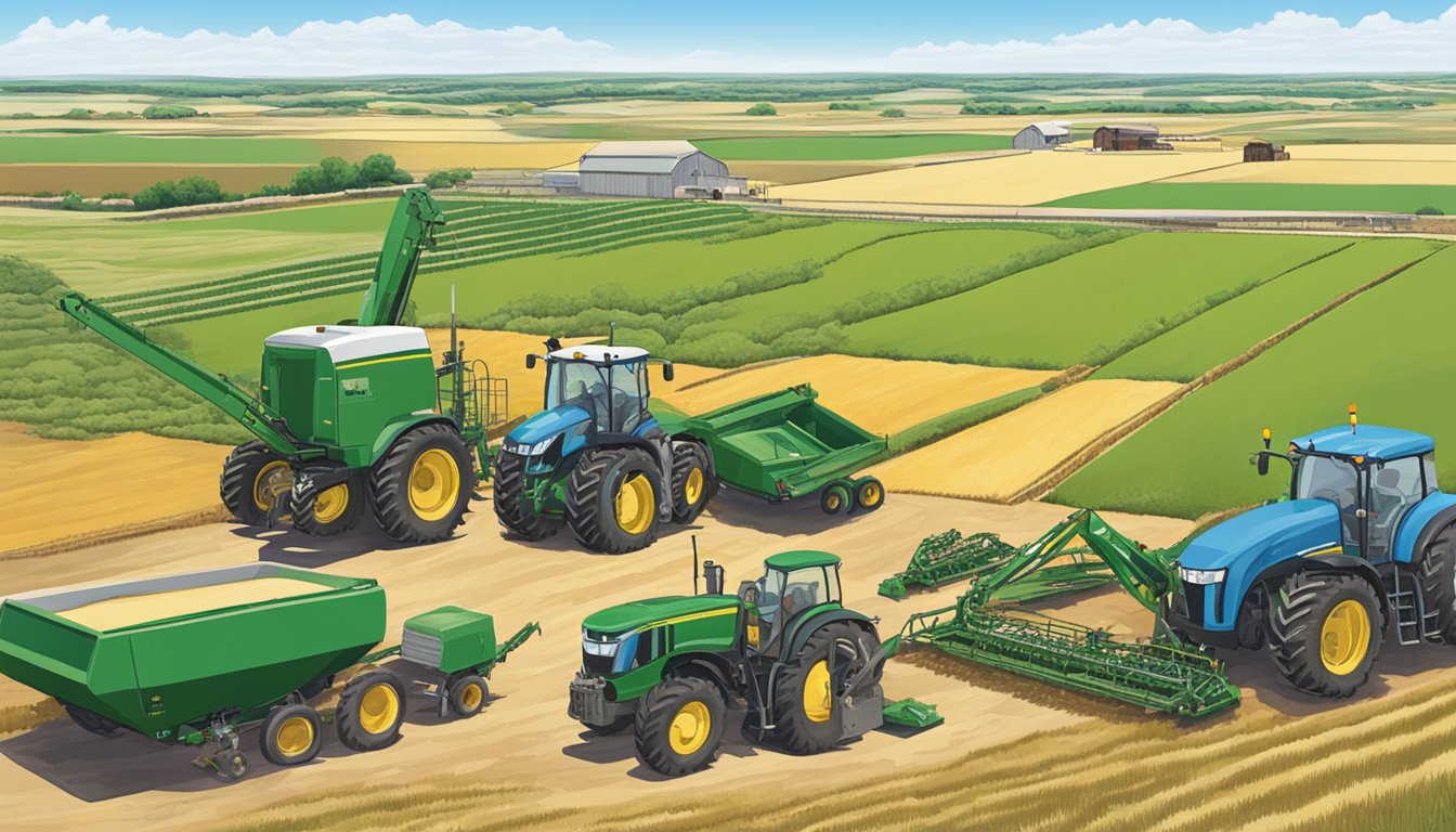 A rural landscape with a large farm in Bailey County, Texas, featuring agricultural equipment and livestock, surrounded by open fields and clear blue skies