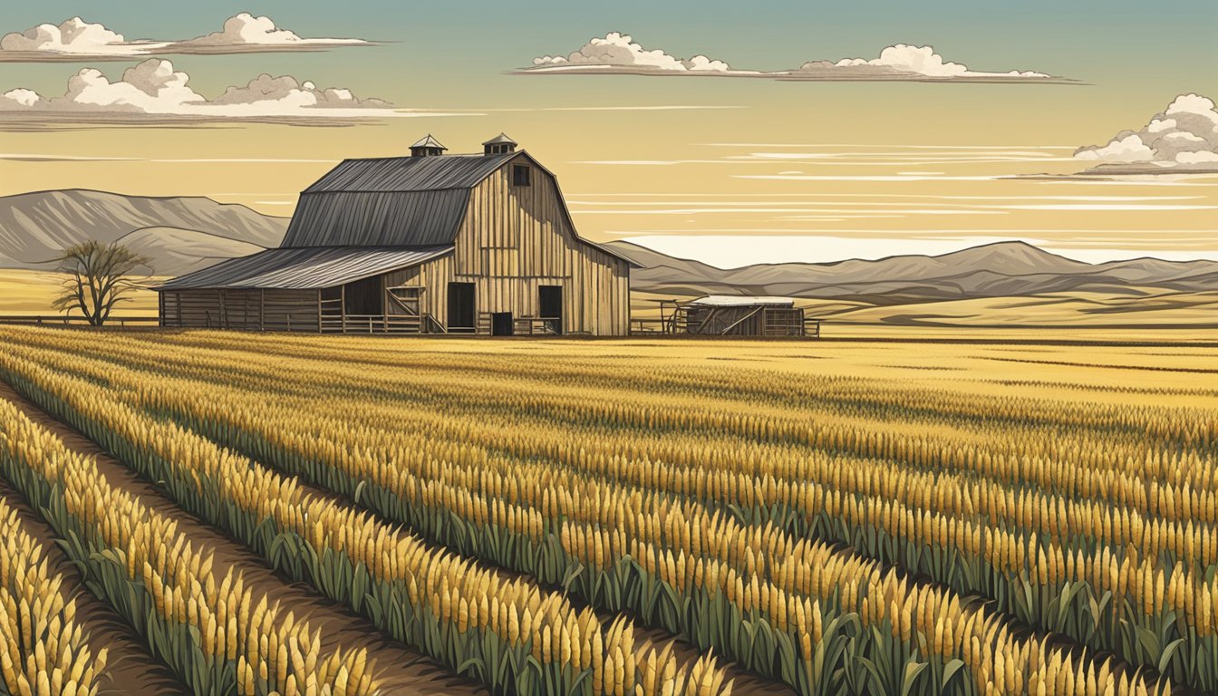 Rolling fields of wheat and corn in Brewster County, Texas, with a rustic farmhouse and barn in the distance