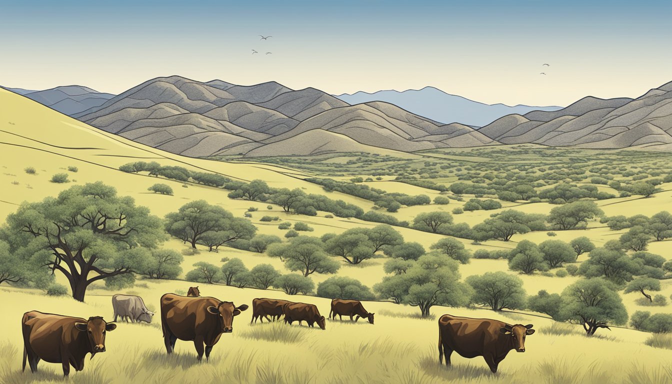 Rolling hills of Brewster County, Texas with grazing cattle, native wildlife, and conservation efforts in action