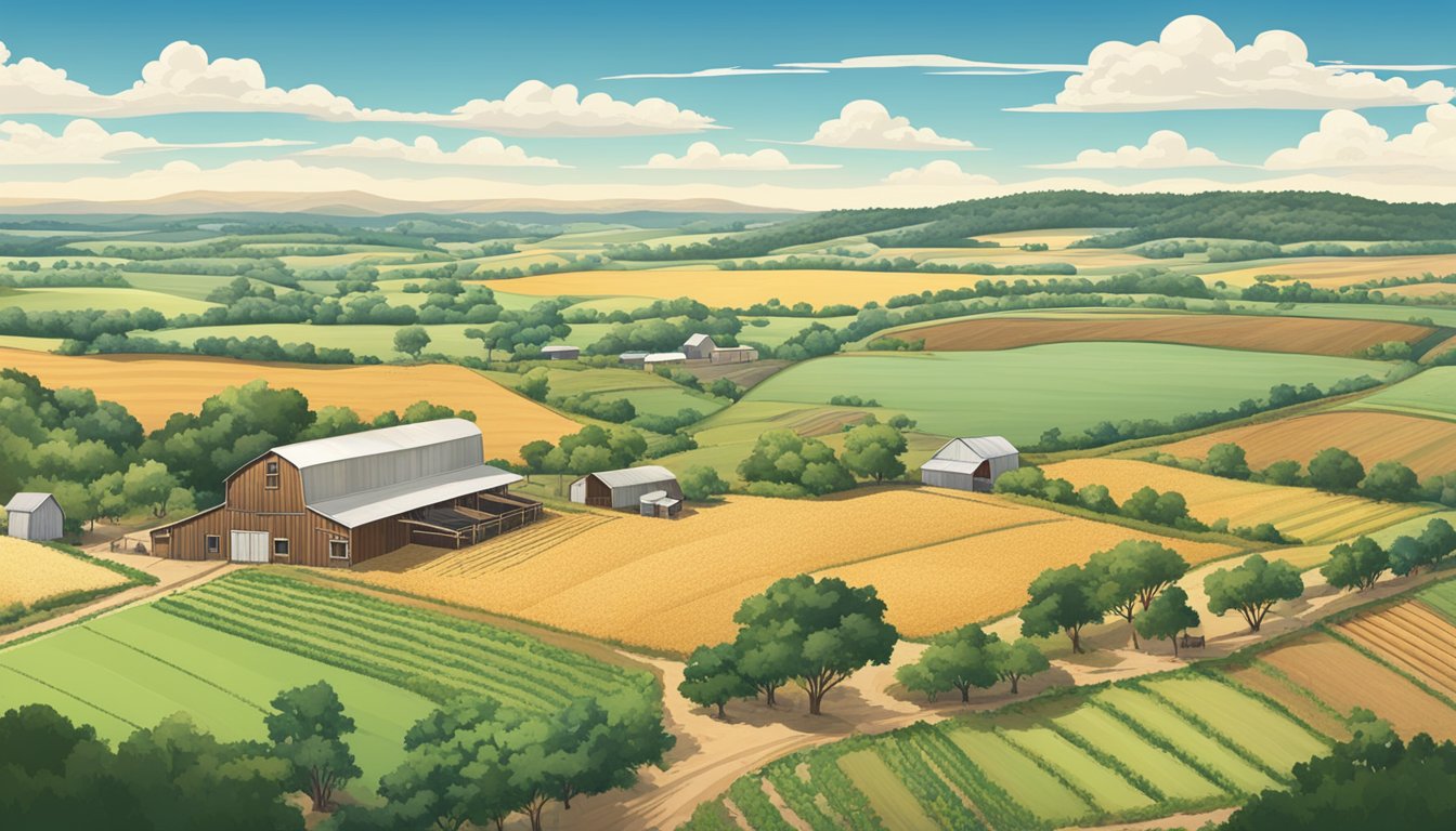 A sprawling farm in Bastrop County, Texas, with fields of crops and grazing livestock, surrounded by rolling hills and a clear blue sky