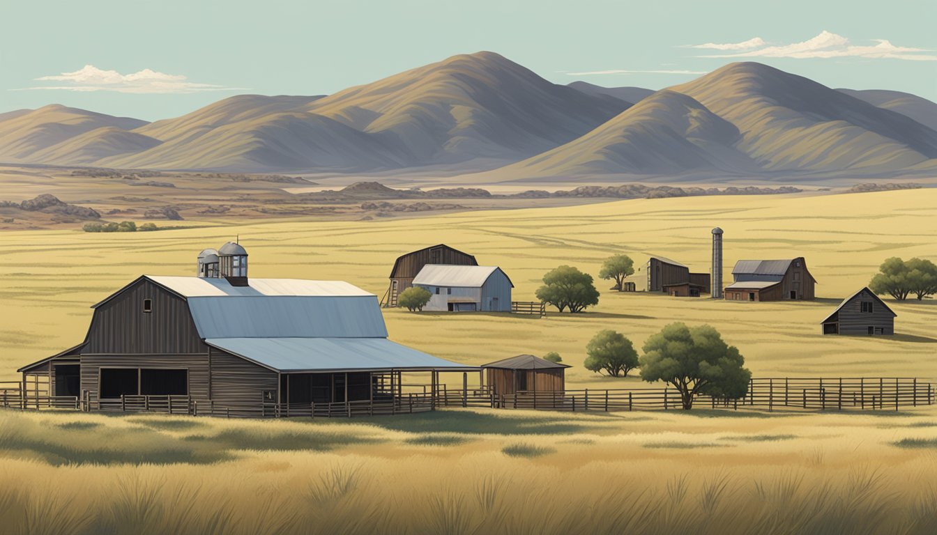 A vast, open field in Brewster County, Texas, with a rustic farmhouse and barn surrounded by rolling hills and grazing livestock