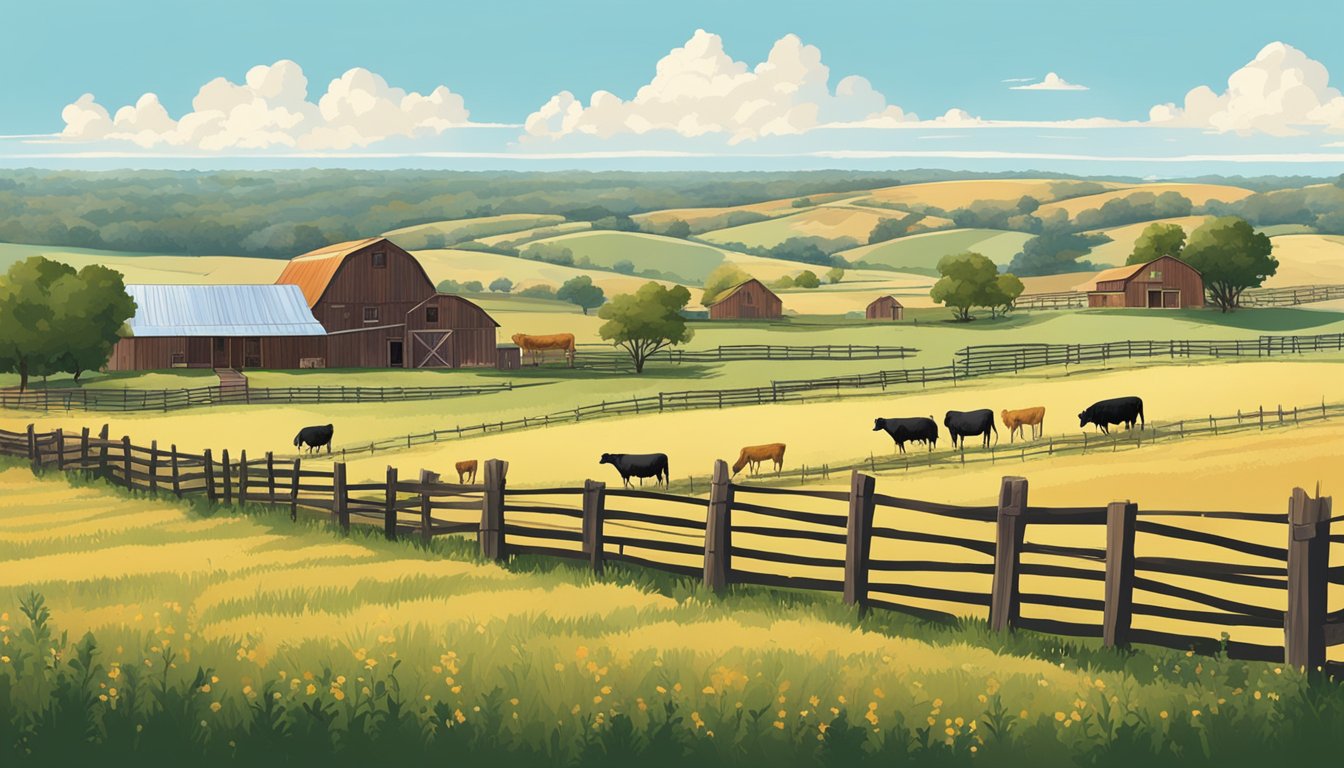 A sprawling Texas farm with fields of crops and grazing livestock, bordered by a rustic fence and under a clear blue sky