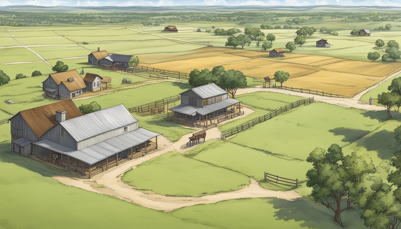 A sprawling ranch in Bastrop County, Texas, with vast fields, grazing livestock, and a farmhouse with a sign indicating agricultural exemption